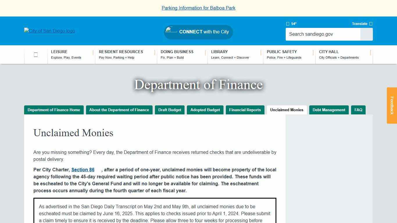 Unclaimed Monies | City of San Diego Official Website