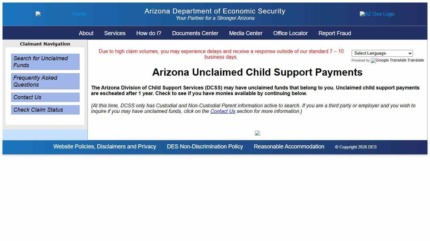 Department of Economic Security: Escheatment Claimant Login Page